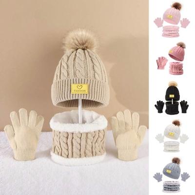 3Pcs/Set Kids Winter Hat Scarf Gloves Set Plush Ball Decor Twist Texture