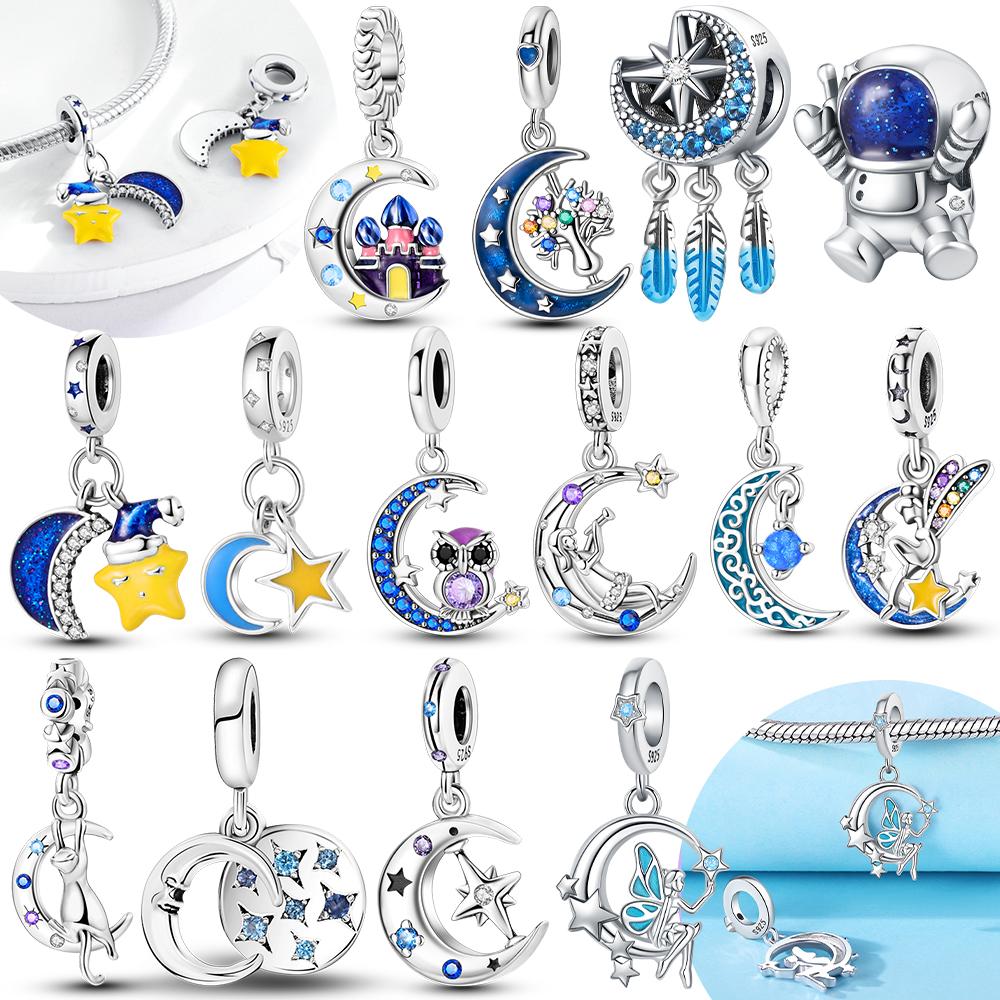 Authentischer Kupfer-Charm Mond Gelbe Sterne Blaue Zirkone Federn Perlen-Charms Kompatibel mit Armbändern Damen DIY-Accessoire Valentinstag Feines Geschenk