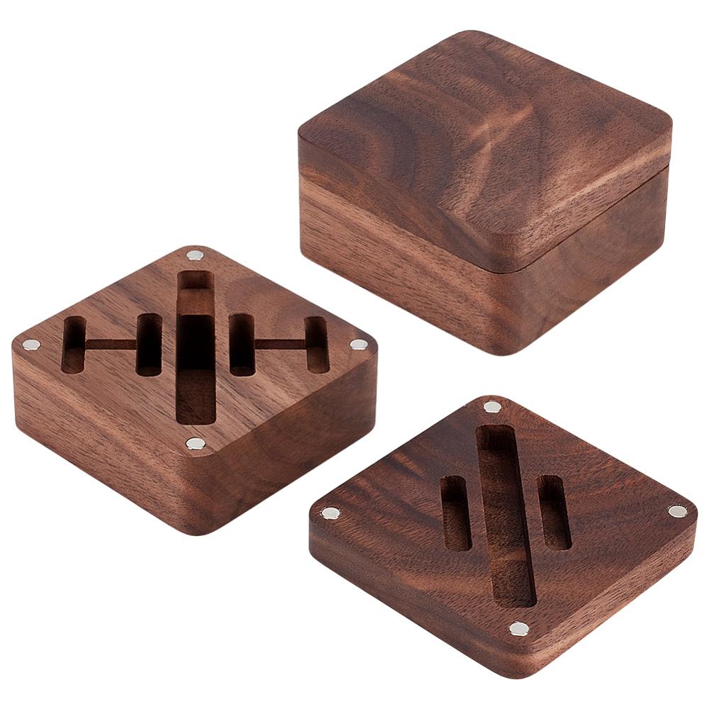 Walnut Wood Badge Storage Gift Box, Squsre, with Magnetic, Coffee, 6x6x3.1cm