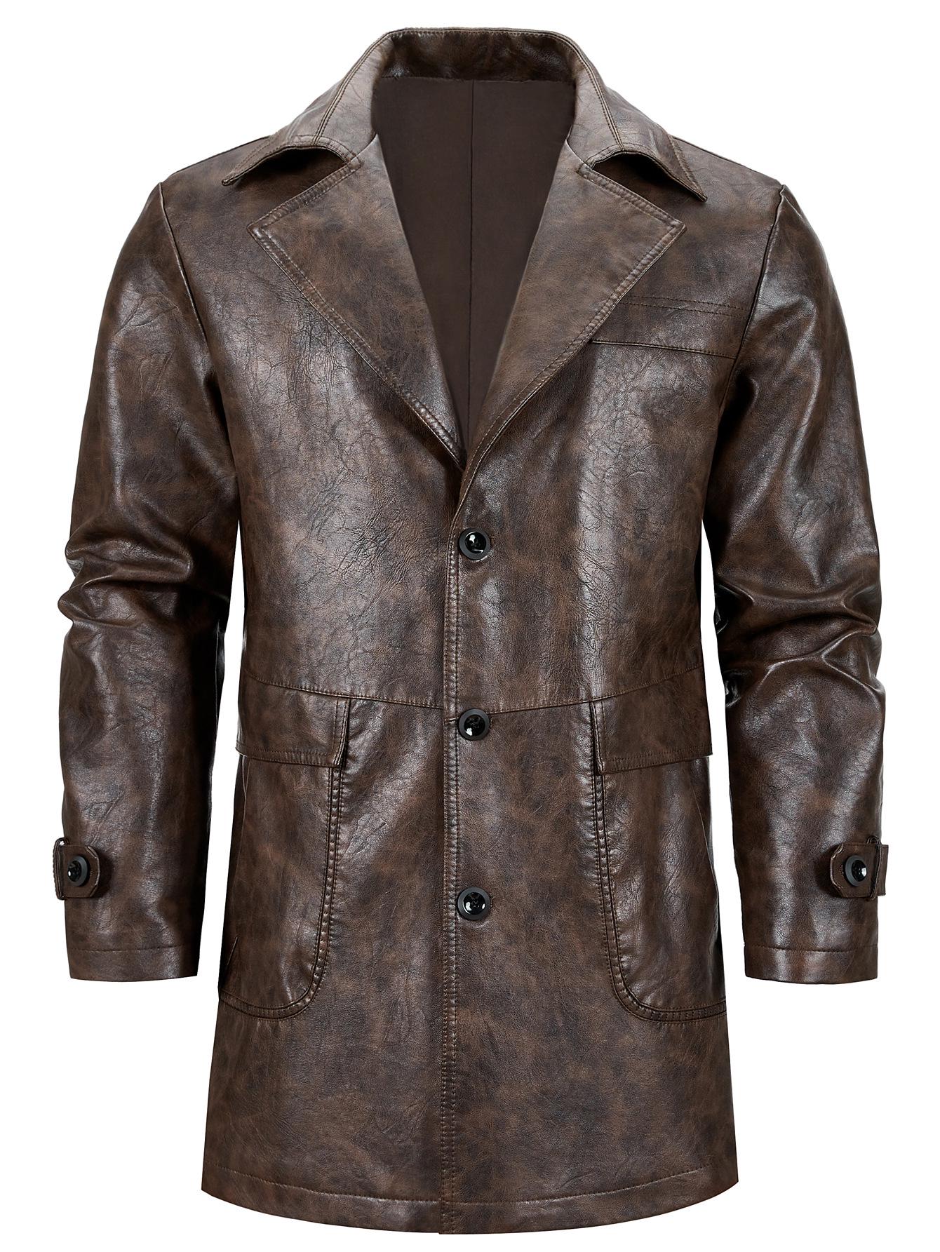 Men s Mid-Length PU Leather Jacket with Suit Collar M кофейный