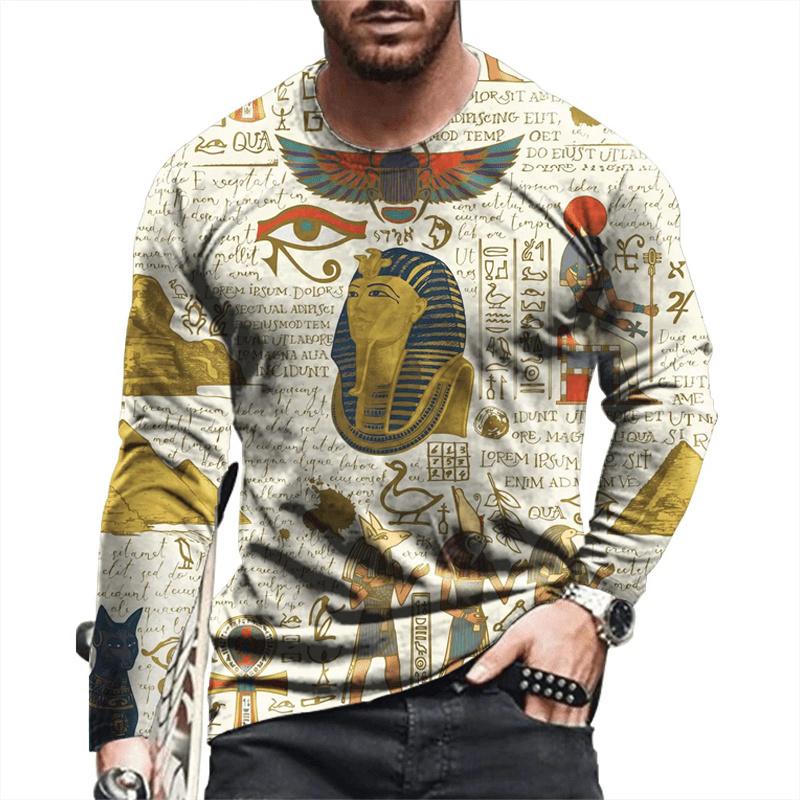 Ancient Egyptian Pattern Print T-shirt Autumn Men's O-Neck T-shirt Casual Long Sleeve Oversized Tops Fashion Streetwear Tees