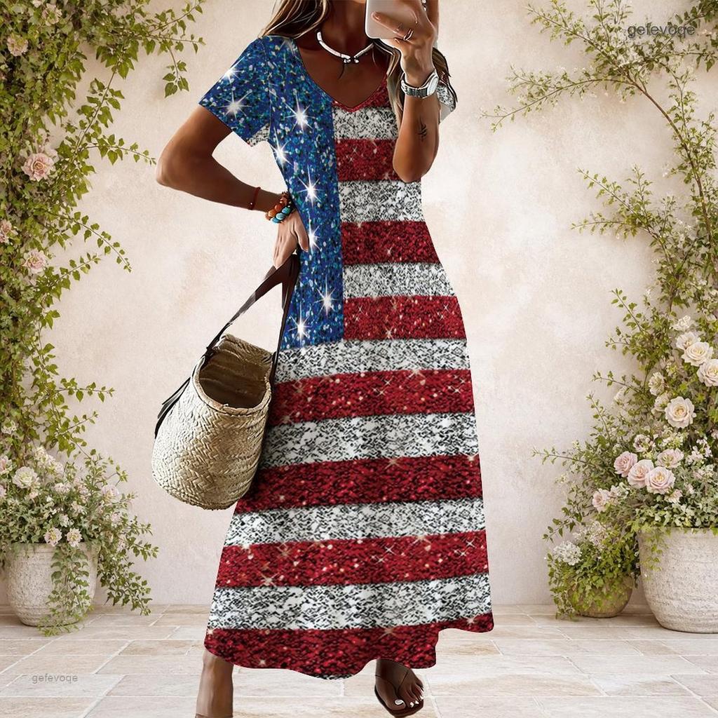 Women Plus Size V Neck Short Sleeve USA Flag Printed Maxi Dress