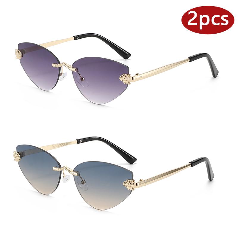 2Pcs Fashion High Quality Cat Eye Rimless Sunglasses For Women Design Gradient Color Uv Protection Sun Glasses Outdoor Shades