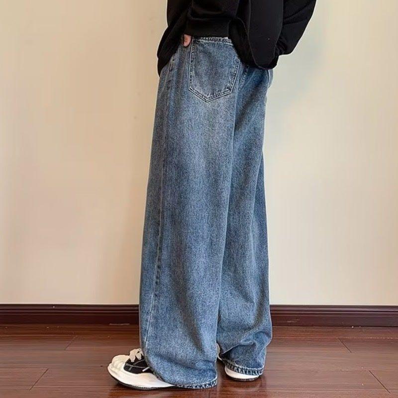 JYL Men's Straight Jeans American Vintage Belted Loose Wide-Leg Dad Denim