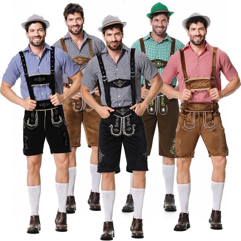 

Men s Oktoberfest Outfit: Plaid Shirt, Denim Overalls, and Hat