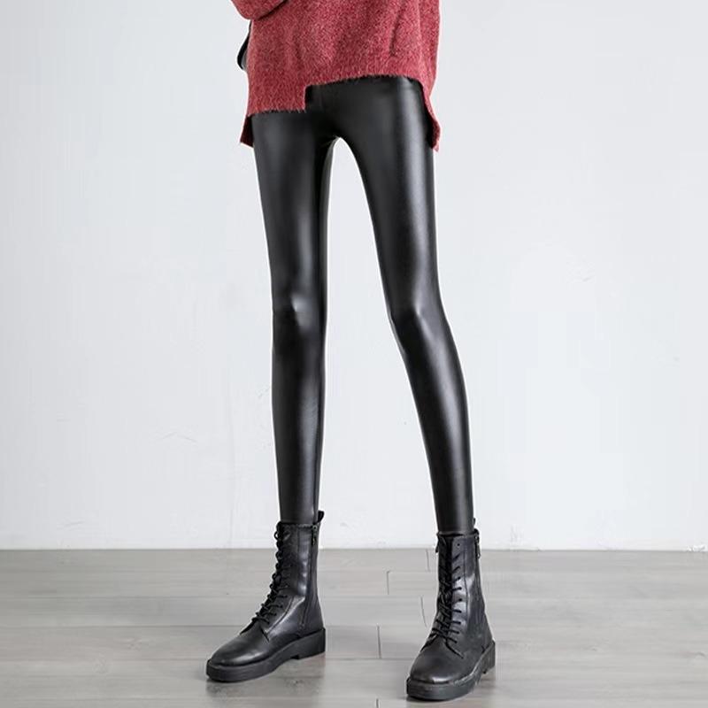 Leather Pants Women's Autumn and Winter Outer Wear Fleece Thickened High-waisted Leggings Tight and Thin Windproof Waterproof Small Feet Trousers