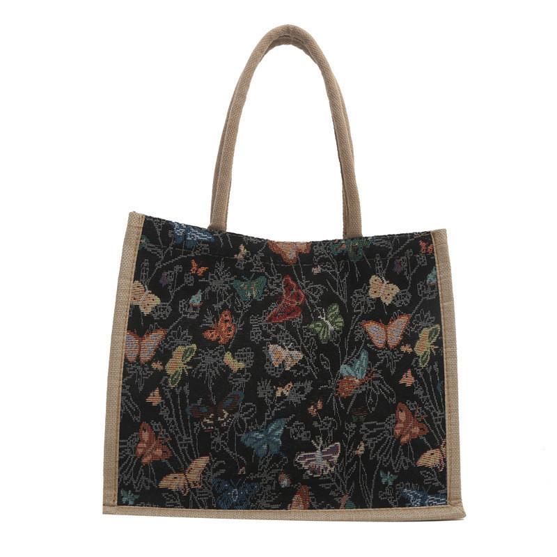 Butterfly Pattern Print Tote Bag For Women Made Of Linen With Magnetic Closure For Daily Commute