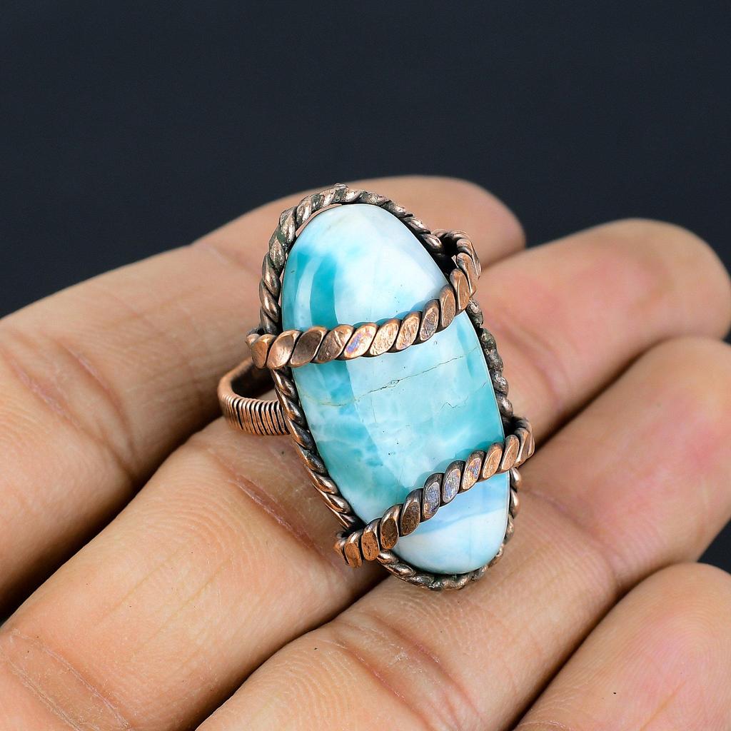 Larimar Gemstone Copper Wire Wrapped Handmade Jewelry Ring For Gift