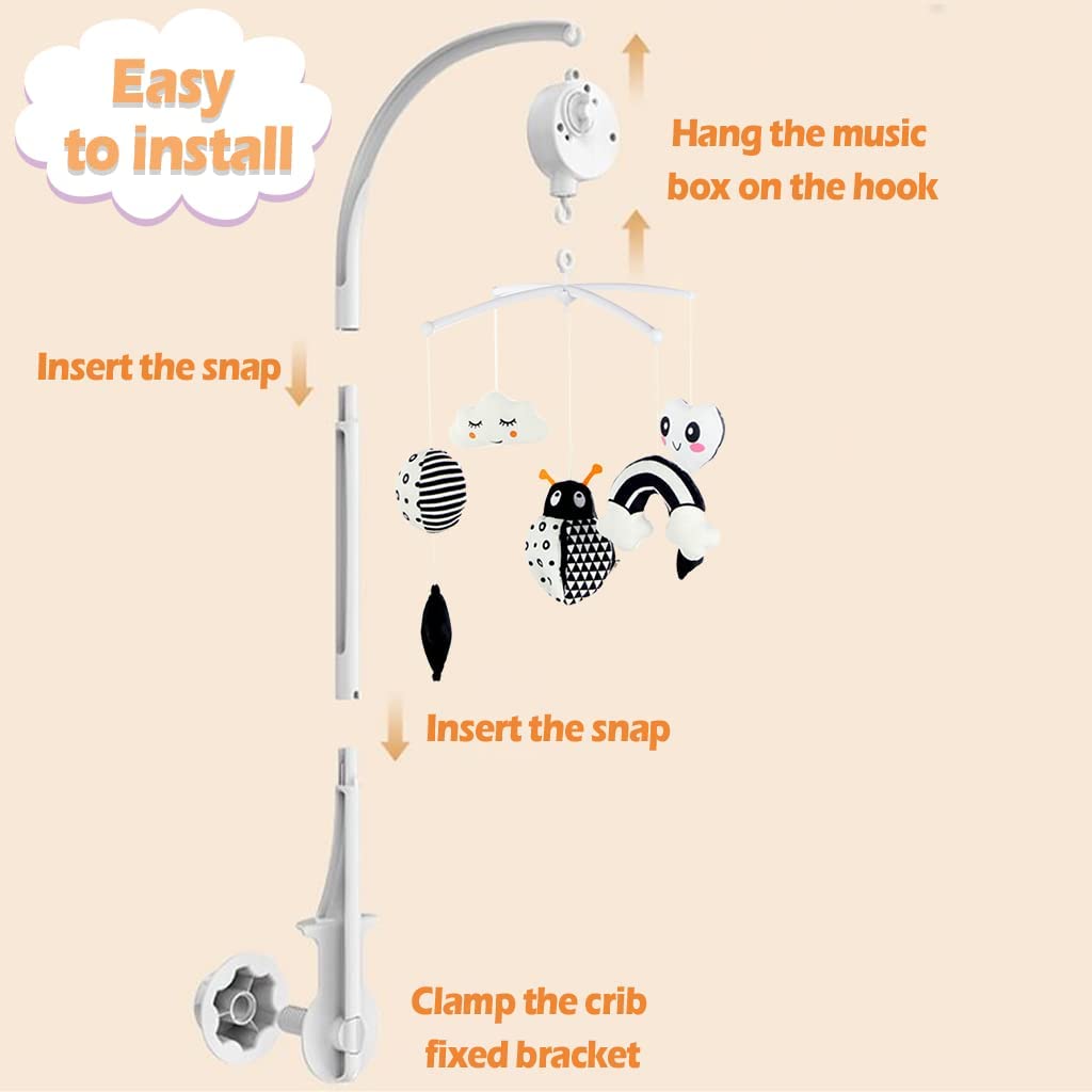 Baby Crib Mobile for Crib with Hanging Rotating Toys, Nursery Mobile with Music Box, Black and White Mobile for Baby Newborns 0-24 Months