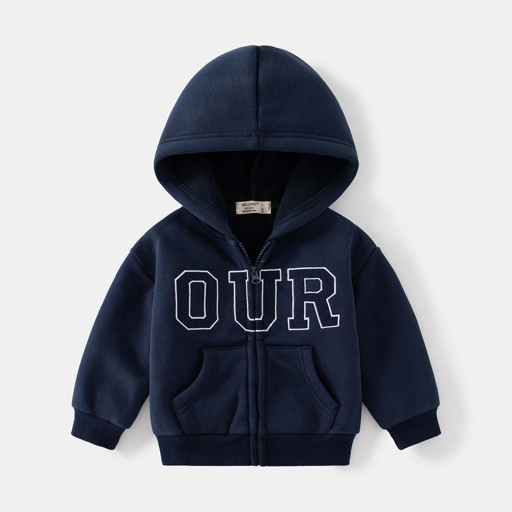 Boys Casual Letter Printed Fleece Lined Hooded Long Sleeve Zip Up Jacket