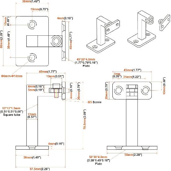 Swivel Handrail Brackets Heavy Duty Adjustable Square Hand Rail Brackets for Staircase Stair, Pack of 4