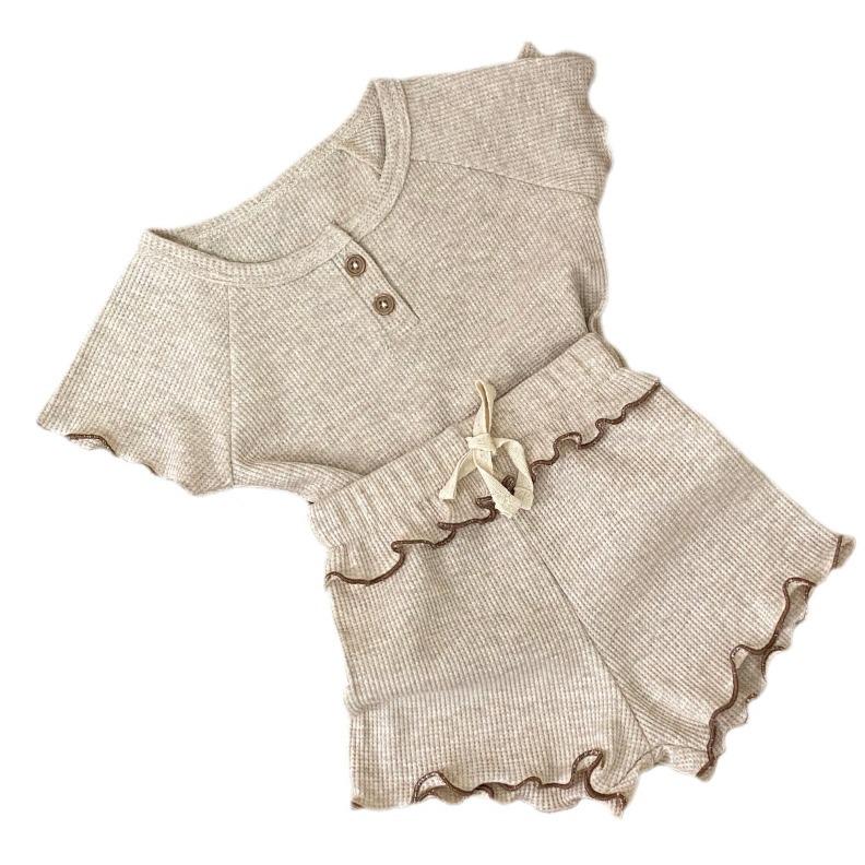 Girls' Short Sleeve Waffle T-shirt & Shorts Summer Two-piece Set