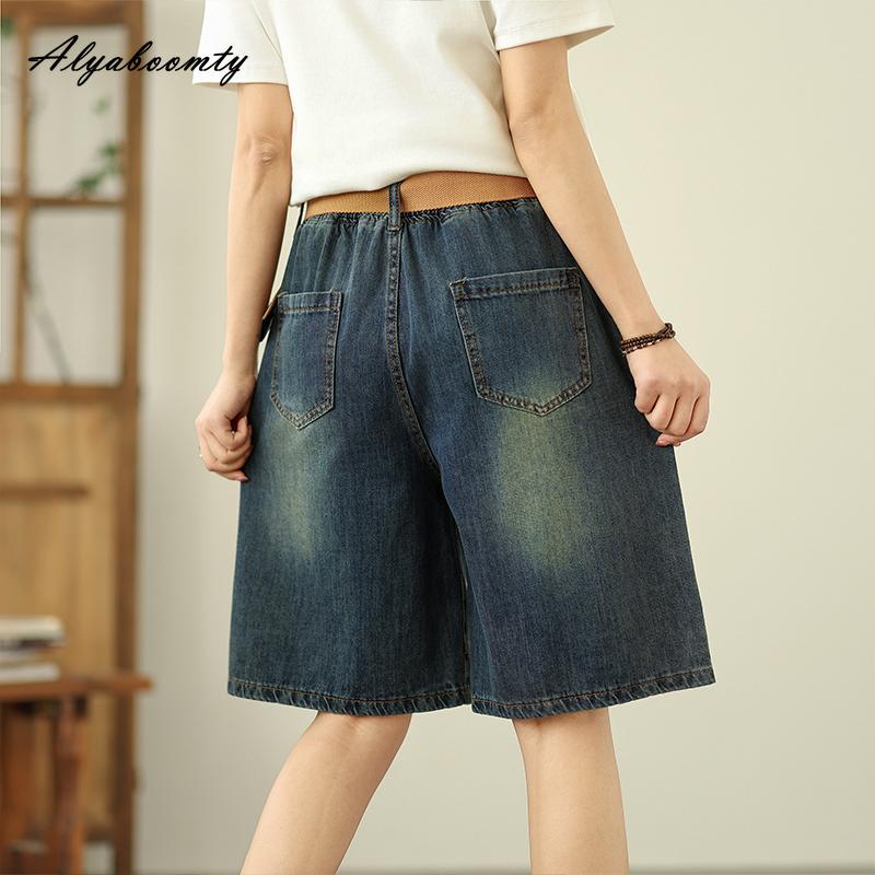 Korean Fashion Summer Women Casual Loose Capris Elastic Waist Dark Blue Denim Pants Vintage Washed Cotton Short Jeans With Belt