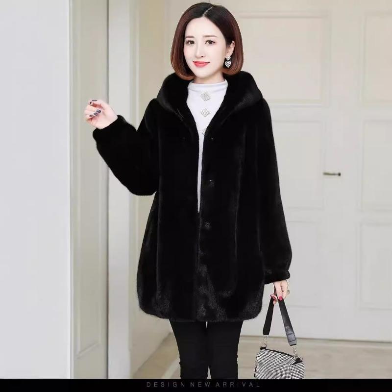 New Autumn and Winter Imitation Mink Velvet Coat Women's Hooded Medium and Long Imitation Fur Jacket Imitation Mink