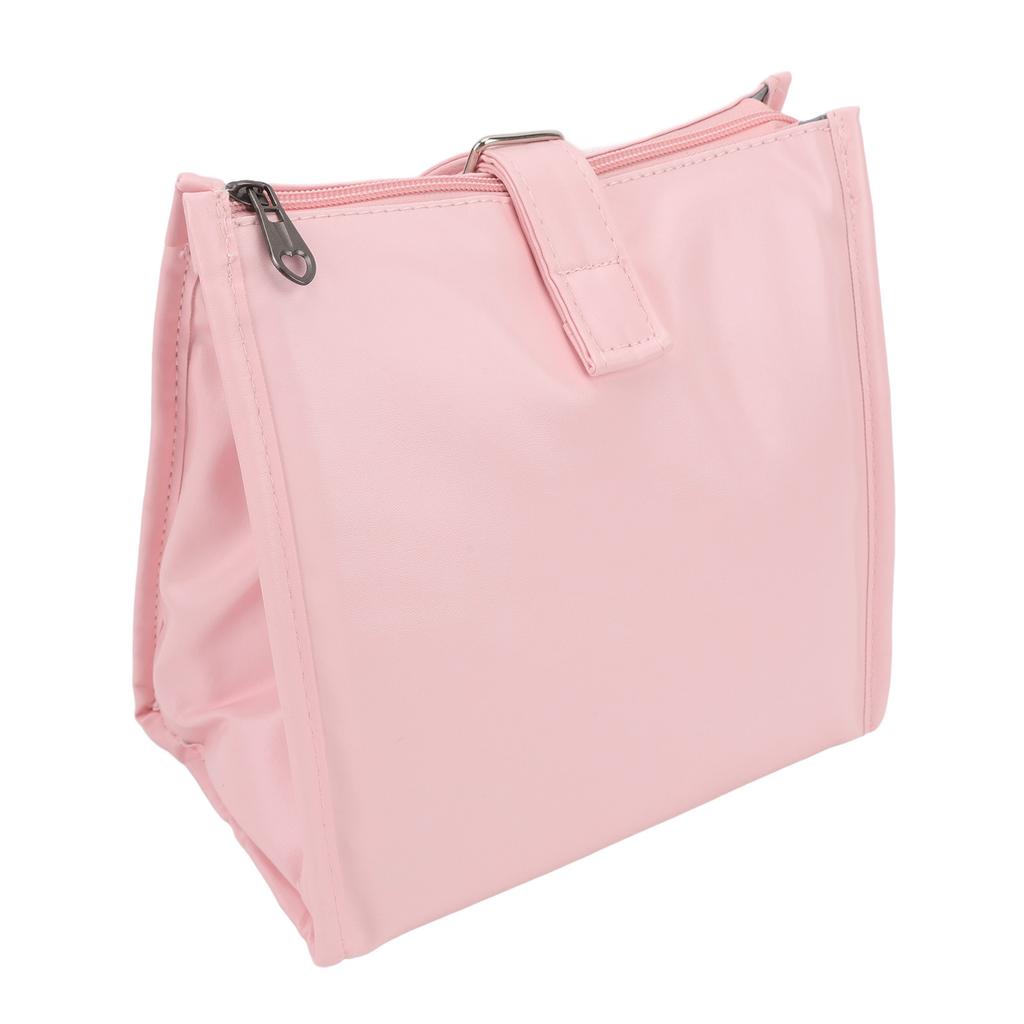 Insulated Lunch Handbag with Mesh Pockets Reusable Water Oil Resistant PU Lunch Box for Beverages Fruits Hot Meals Pink