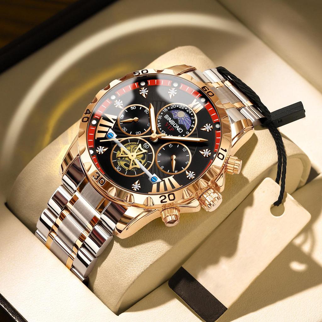 Binbang BINBOND Men's Luminous Waterproof Quartz Flywheel Watch - Genuine Business and Student Style, High-End Design.