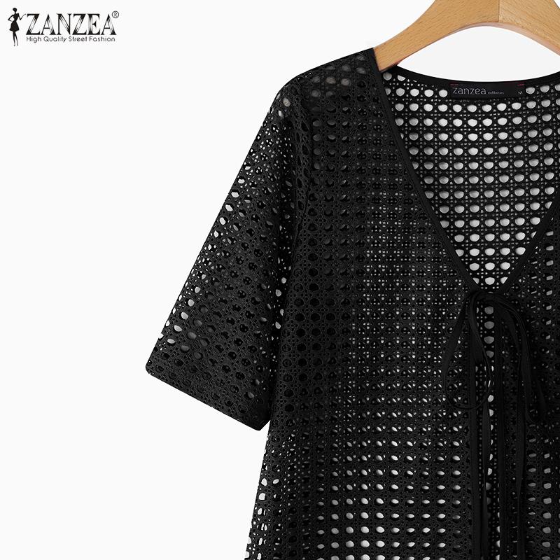 ZANZEA Holiday Beach Hollow Lace Crochet Tie-Front Kimono Cover-Up Cardigans