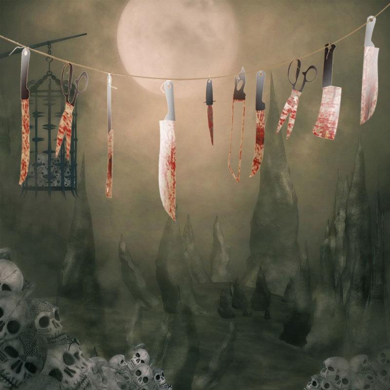 12ks/sada Halloweenské plastové krvavé nože sady nástrojů hororové strašidelné strašidelný dům závěsná nožová girlanda banner Halloweenská dekorace