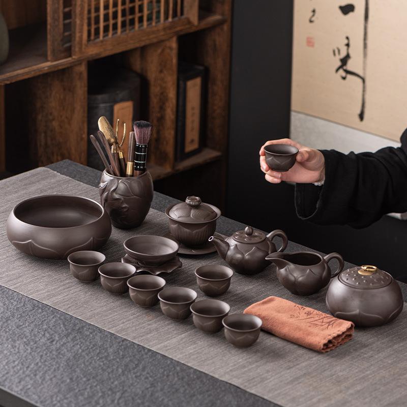 Light Luxury Purple Sand Kung Fu Tea Set, Household Cover Bowl Teapot Cup, High-end Elders, Gift Box Set
