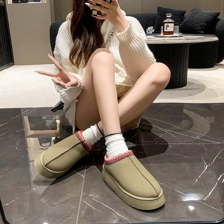 2025 Winter New Fleece Warm Platform Sole Without Heel Wrap Wool Half Slippers Women's Cotton Shoes