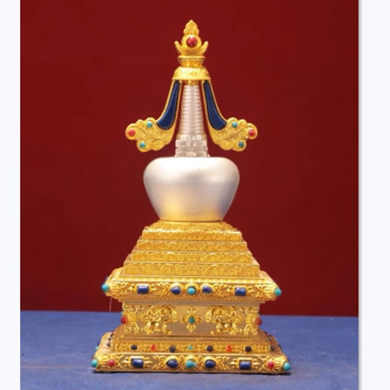 Tibetan Stupa Tantric Removable Pearl Inlaid Gem Buddhist Statue Golden Alloy Handicraft Altars Indoor Home Desktop Decorative