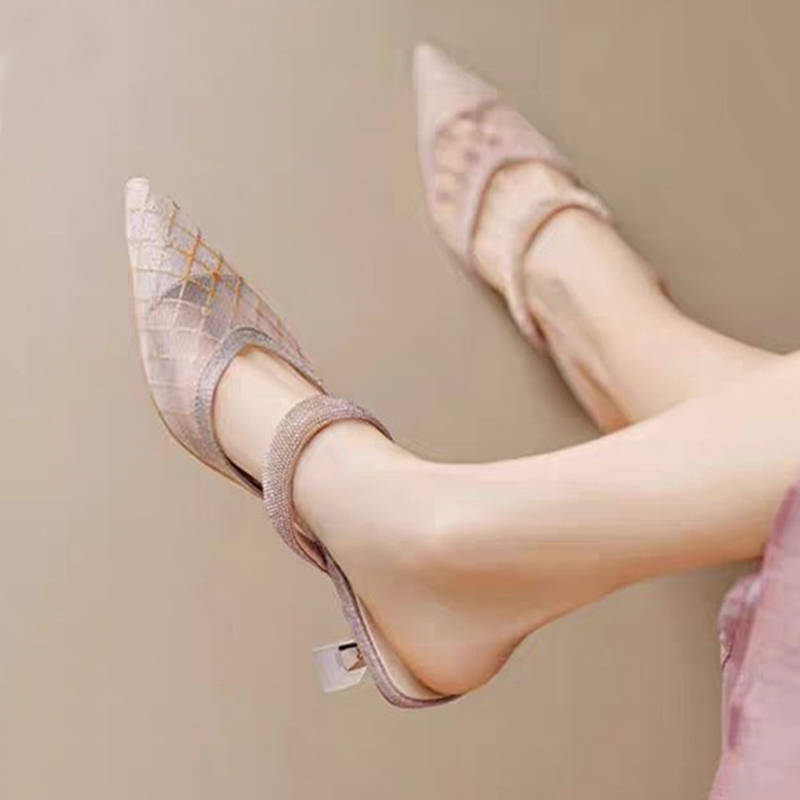Baotou half-drag women's outer wear 2025 new summer high-end mesh pointed French high-heeled sandals with skirt