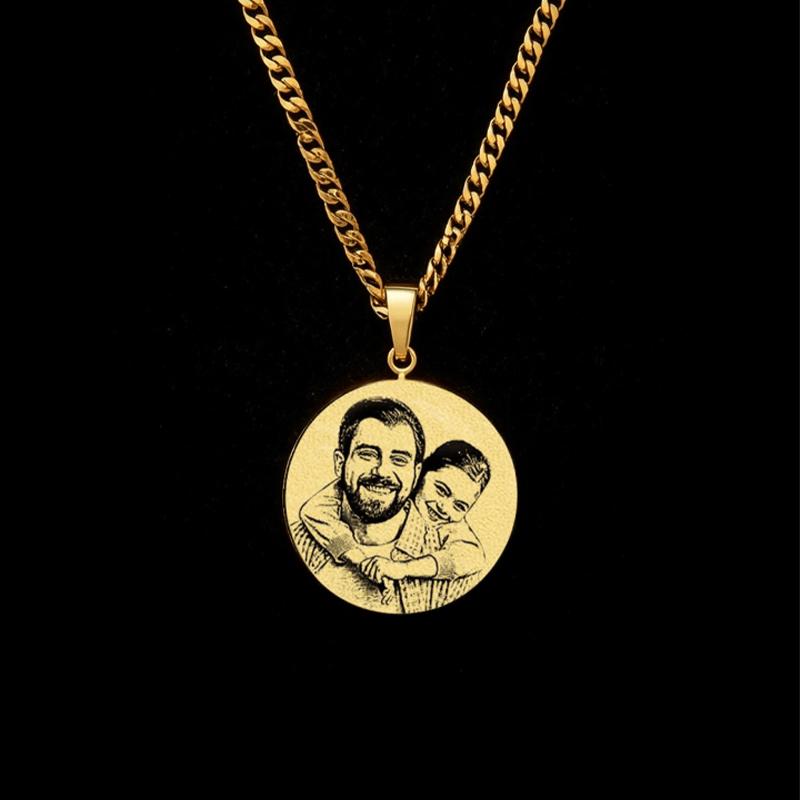 Cuban Chain Necklace Personalized Laser Engraved Portrait Photo Couple Memorial Pendant Necklace Gift For Boyfriend 35cm золотой