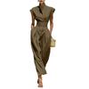 Women Sleeveless High Neck Wide Leg Jumpsuit Belted Waist Pleated Loose Fit Elegant Overall Romper