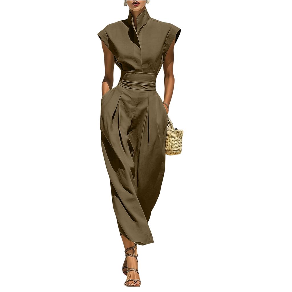 Women Sleeveless High Neck Wide Leg Jumpsuit Belted Waist Pleated Loose Fit Elegant Overall Romper