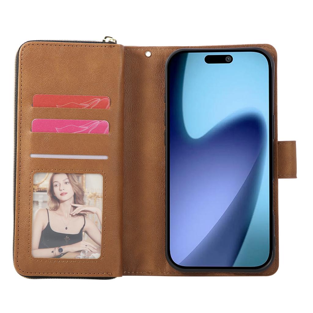 For iPhone 17 Pro Max Case Zipper Pocket 9 Card Slots PU Leather Phone Cover with Hand Strap