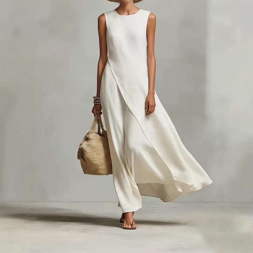 2026 spring and summer new sleeveless dress women's cotton and linen blended irregular hem temperament vacation dress