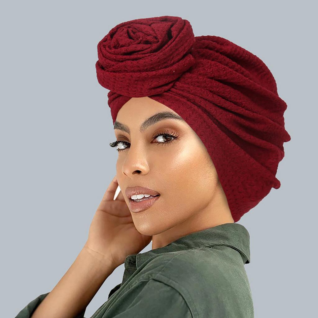 Fashionable Women's Solid Color Hijab Turban Bonnet Flower Decor Ramadan Head Wrap Head Scarf Cap Indian Hat Headwear