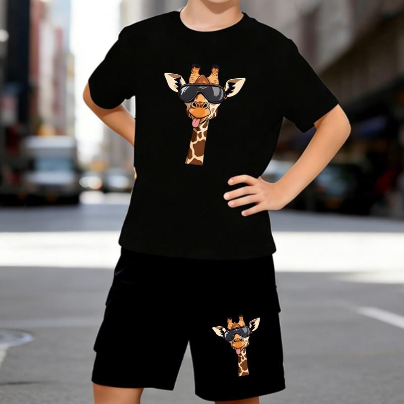 

Boys 2 Piece Cartoon Giraffe Printed Outfit, Short Sleeve T-Shirt and Shorts Set for Kids Age 5-14,White Sporty Casual Summer Clothes 5-6 Years чёрный