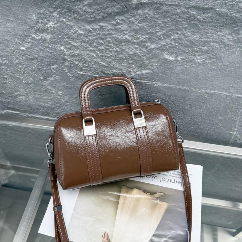 

Large-capacity Boston Bag One-shoulder Crossbody Cracked Cowhide Top Layer Women s Simple Genuine Leather Handbag 24x12x16cm хаки