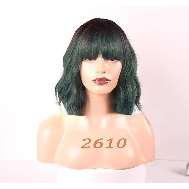 Women's Short Wave Hair Fashion Wine Red Synthetic Wig with Bangs(color:18 Colors)