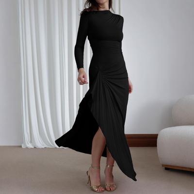 A New Autumn and Winter Fashion Design Solid-color Round-neck Irregularly Slit Slim-fit Dress