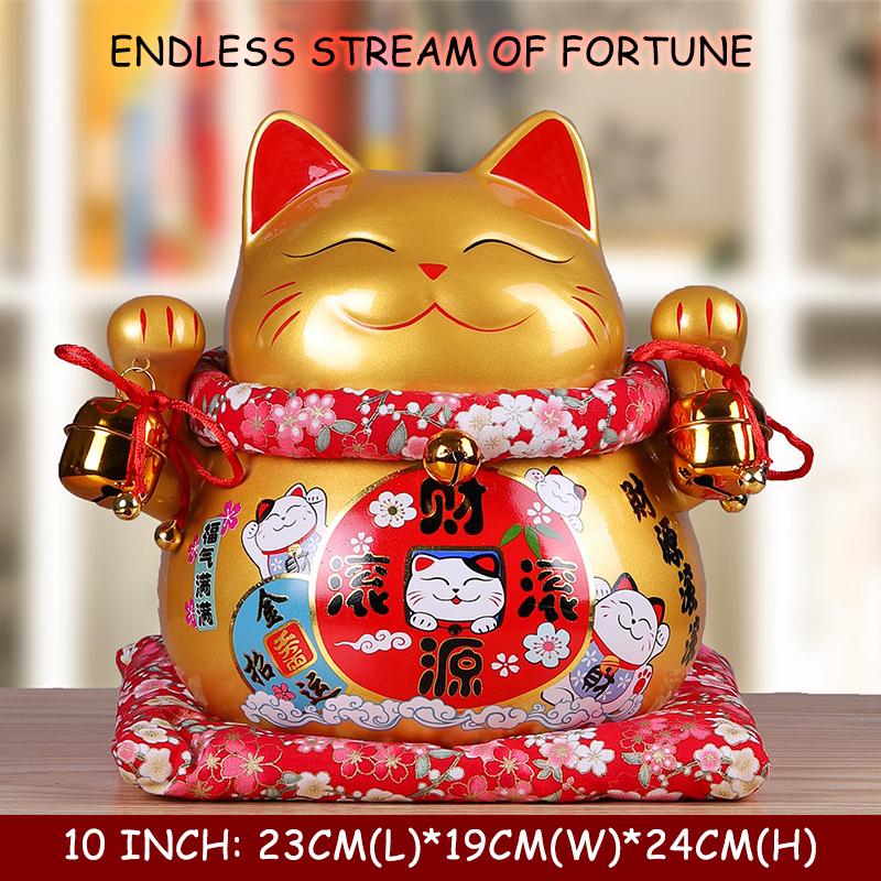 10 inch Ceramic Lucky Cat Money Bank Maneki Neko Fortune Cats Porcelain Happy Smiling Cat Figures Feng Shui Decor Ornament