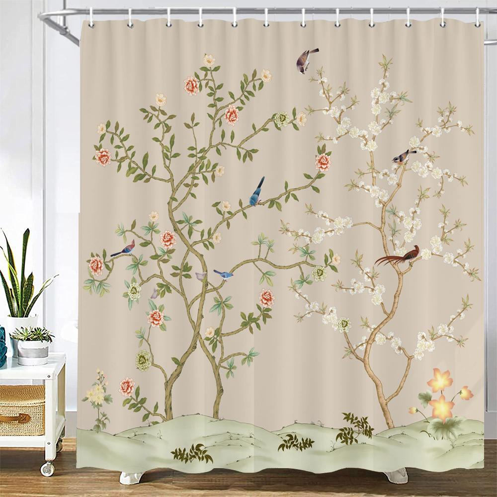 

Waterproof Polyester Fabric Shower Curtain With 12 Hook Chinese Landscape Flower Bird Bath Curtain Home Decor Bathroom Curtains W60H190(CM)-1 Pcs