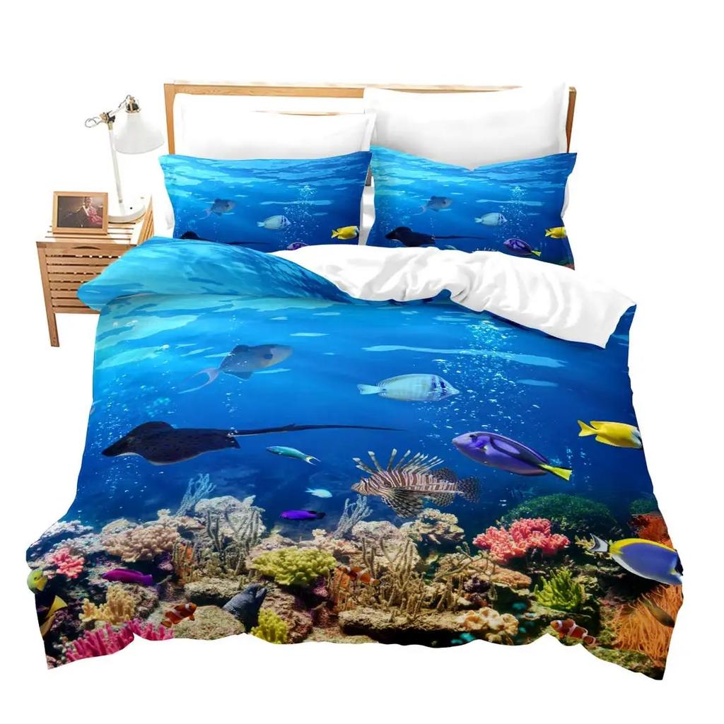 2/3pcs Fish Duvet Cover Set Ocean Bedding Sets 3D Printed Underwater World With Shark Dolphin Coral Reef Pattern Quilt Cover Set