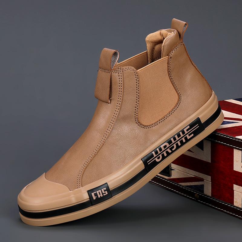 Men's Spring Leather Slip-On High-Top Shoes: Breathable, Versatile, and Trendy Casual Footwear.