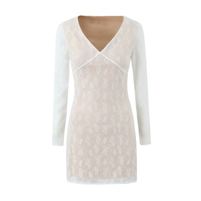 

Princess Figure American Sexy Sexy White V-Collar Lace Long Sleeves Silm Hip Bag Holiday Dress