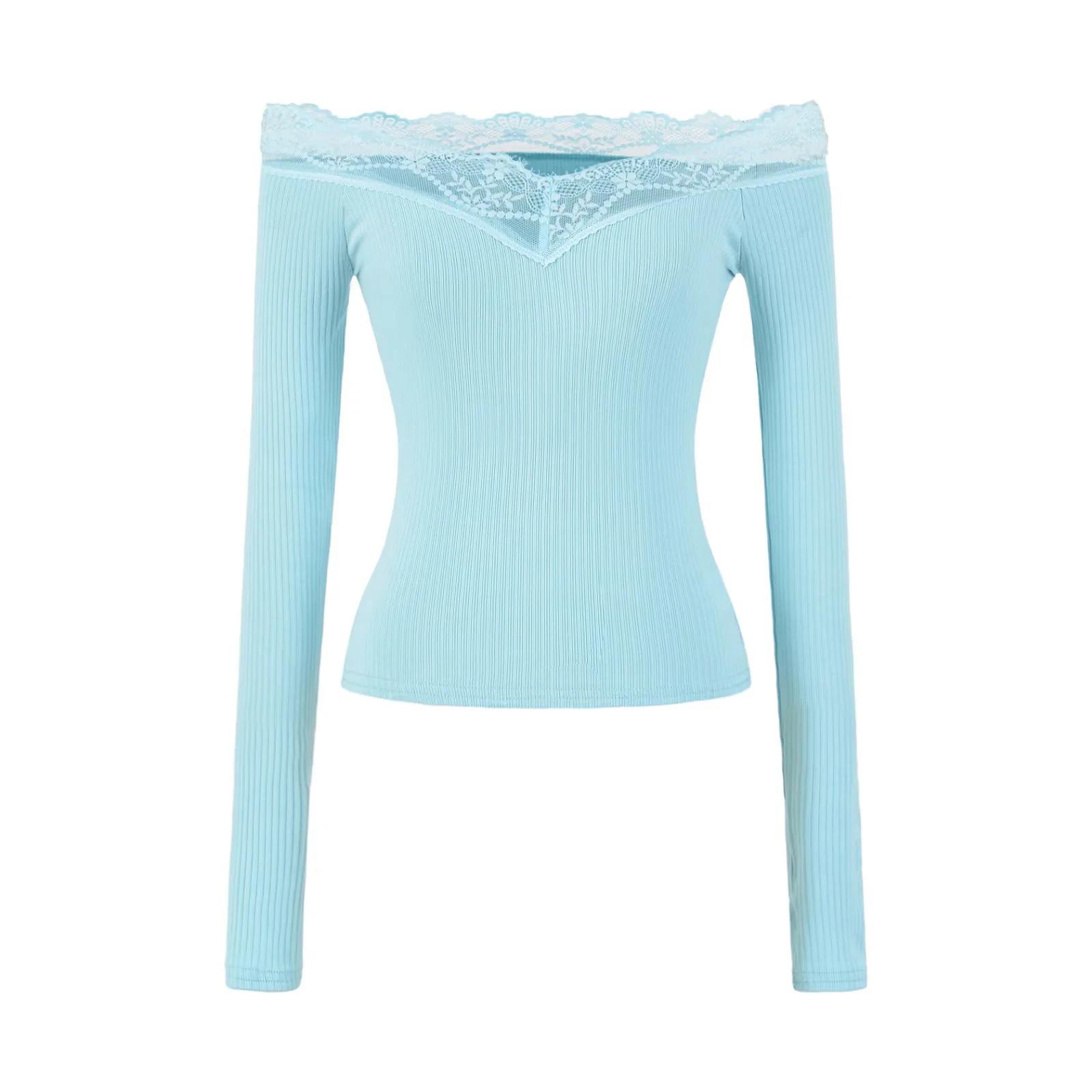 Elegant Lace One-Shoulder Long-Sleeve Women s T-shirt - 2026 Slim Fit, Classy & Off-the-Shoulder Style Large