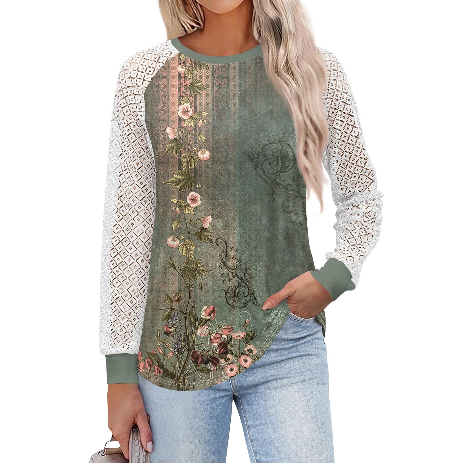 

Женские футболки с длинным рукавом, топы с круглым вырезом и кружевом, повседневные блузки, модные топы L армия зеленый