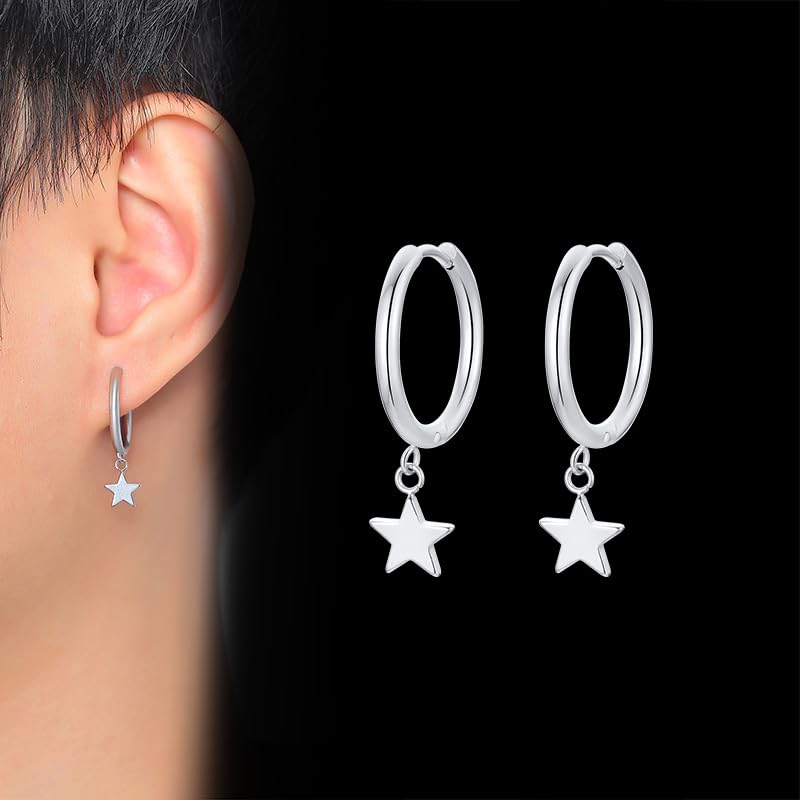 Rockyu Pierced Star Earrings for Women and Silver Dangling Stainless Steel Star Both Ring New York Style Men, Popular, Hoop, Earrings, Ring,