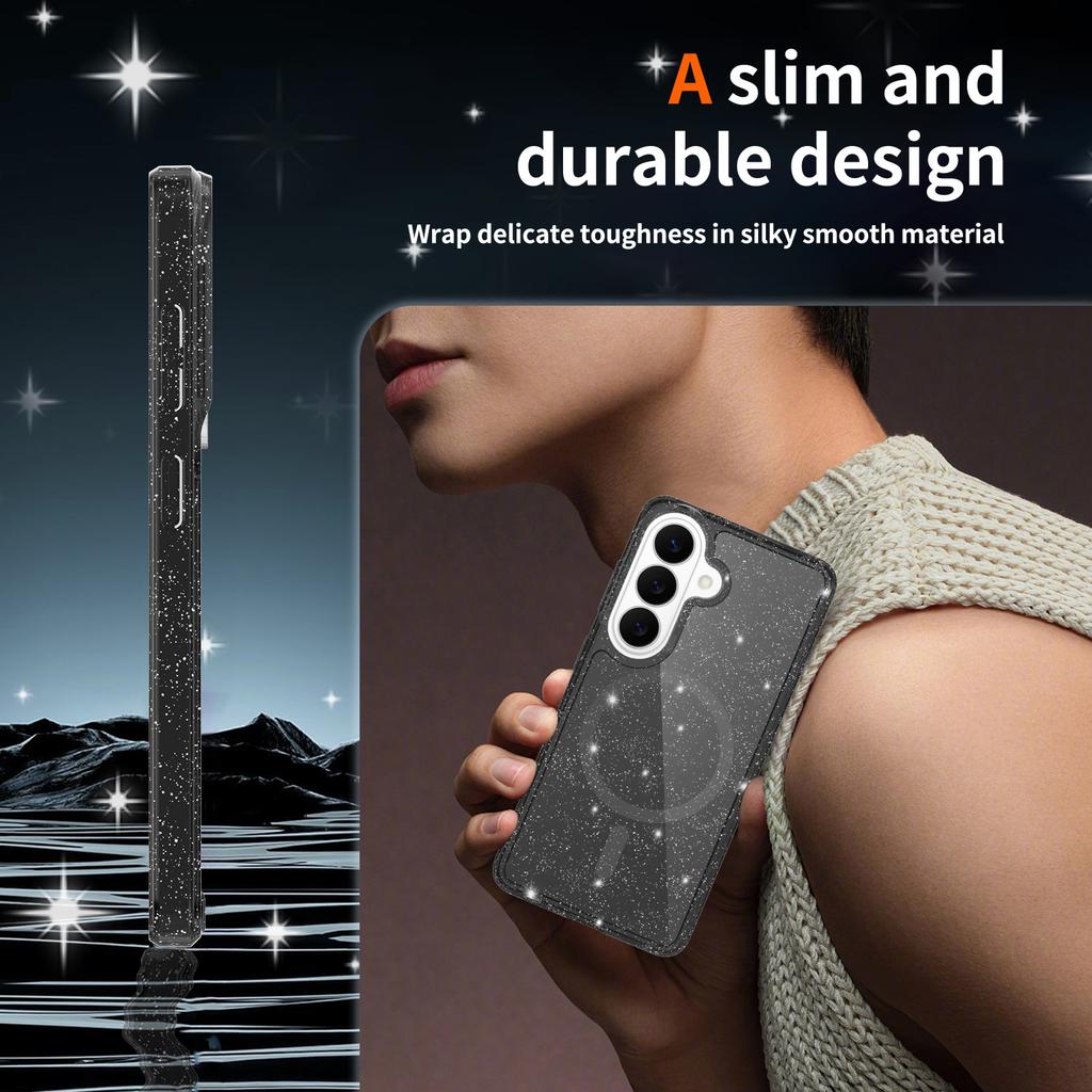For Samsung Galaxy S26 Magnetic Case Glitter Design TPU PC PET Drop Proof Phone Cover