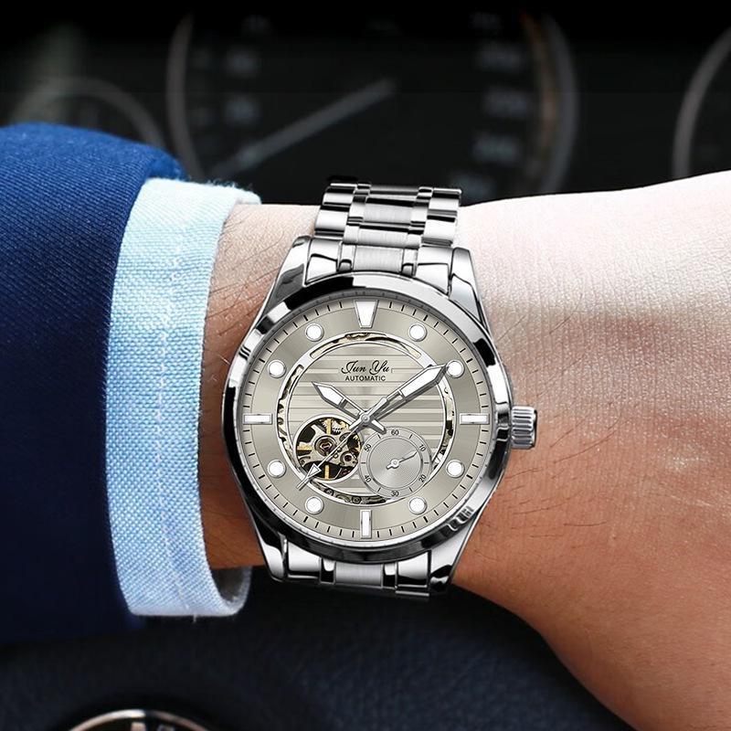 Mens Automatic Mechanical Watch Grey Skeleton Dial Luminous Hands Waterproof Business Wristwatch