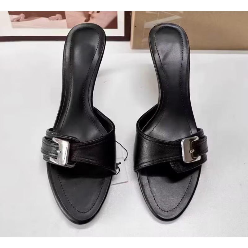 New Summer New Buckle Decoration Beige Workplace Versatile High-heeled Sandals Femininity Thin Heel One-word Cool Slippers