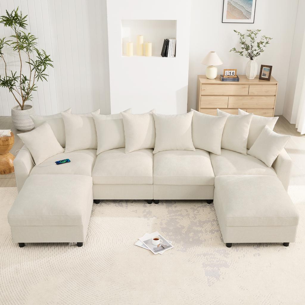 Modular U-/L-Shaped Sofa, 6-Seater, 2 Movable Footstools; USB/Type-C Charging; 8 Adjustable Cushions + 2 Decorative Cushions; Waffle Chenille, Beige