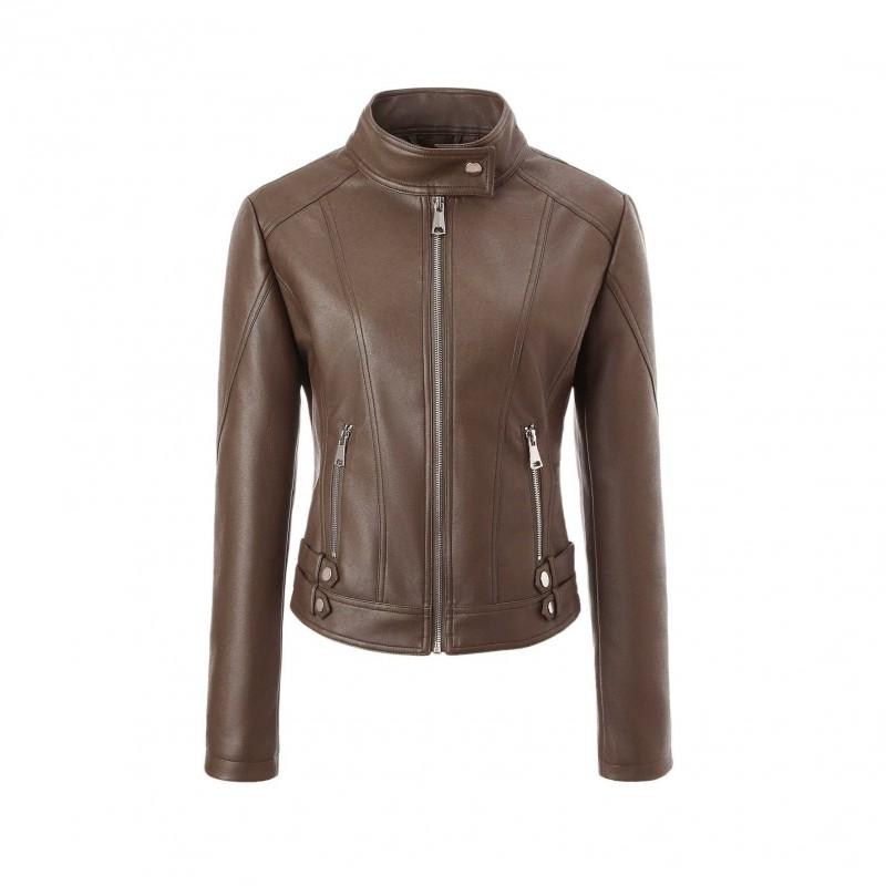 Womens Slim Fit PU Leather Jacket Stand Collar Long Sleeve Casual Streetwear Commute