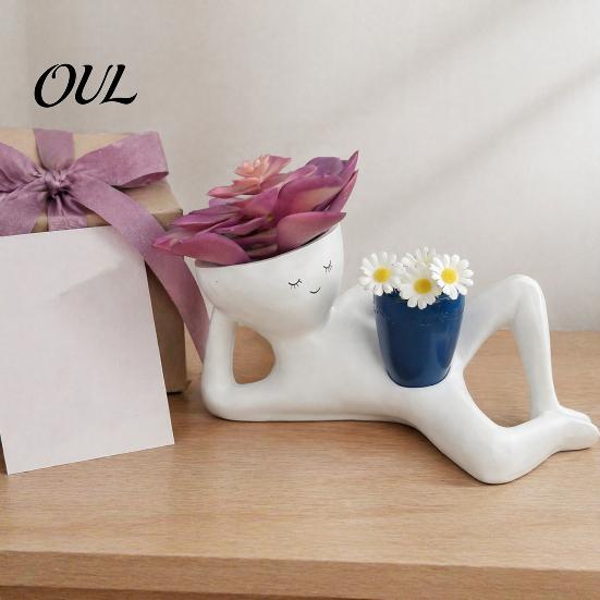 Fun Housewarming Gifts for Plant Lovers Funny Smiling Face Planter, Lying Down Lazy Guy Pot with Drainage Playful Planter Small Plants Holes,